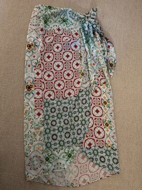 Zara Patchwork Tile Print Wrap Skirt in Green, Red & Cream